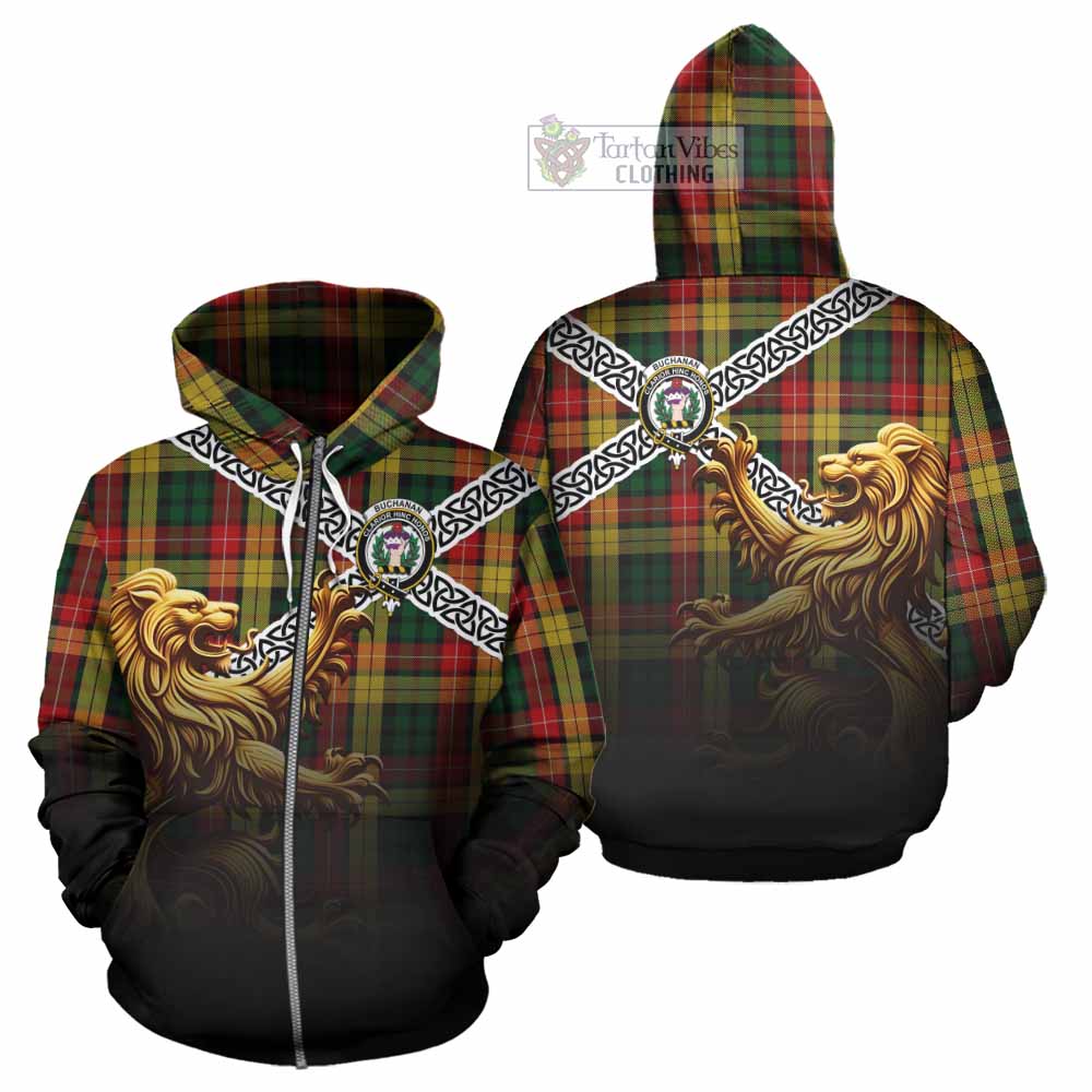Tartan Vibes Clothing Buchanan Crest Tartan Hoodie with Golden Lion Emblem Celtic Style