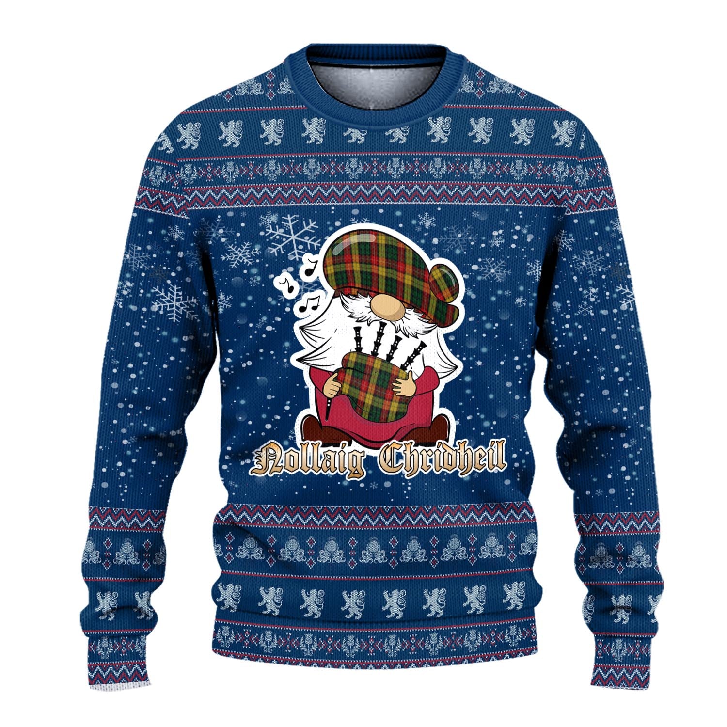 Buchanan Clan Christmas Family Knitted Sweater with Funny Gnome Playing Bagpipes - Tartanvibesclothing