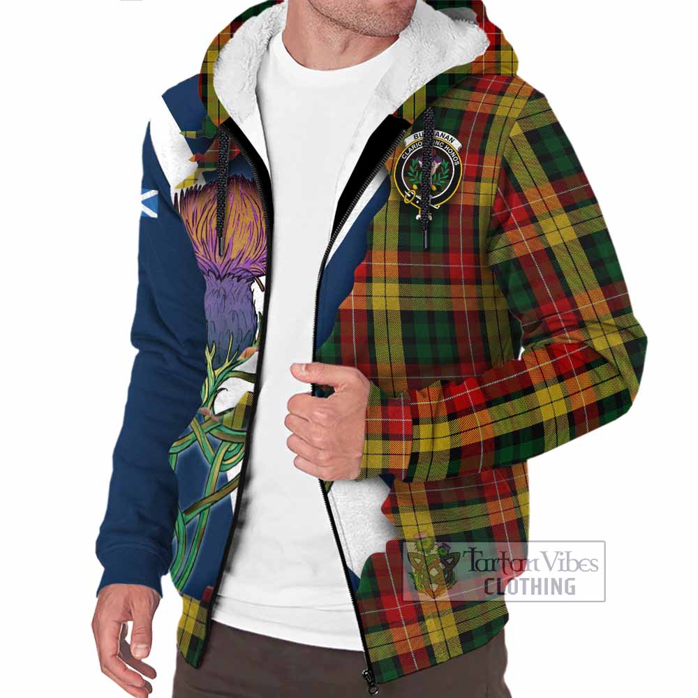 Tartan Vibes Clothing Buchanan Tartan Family Crest Sherpa Hoodie Scottish Thistle Celtic Inspired