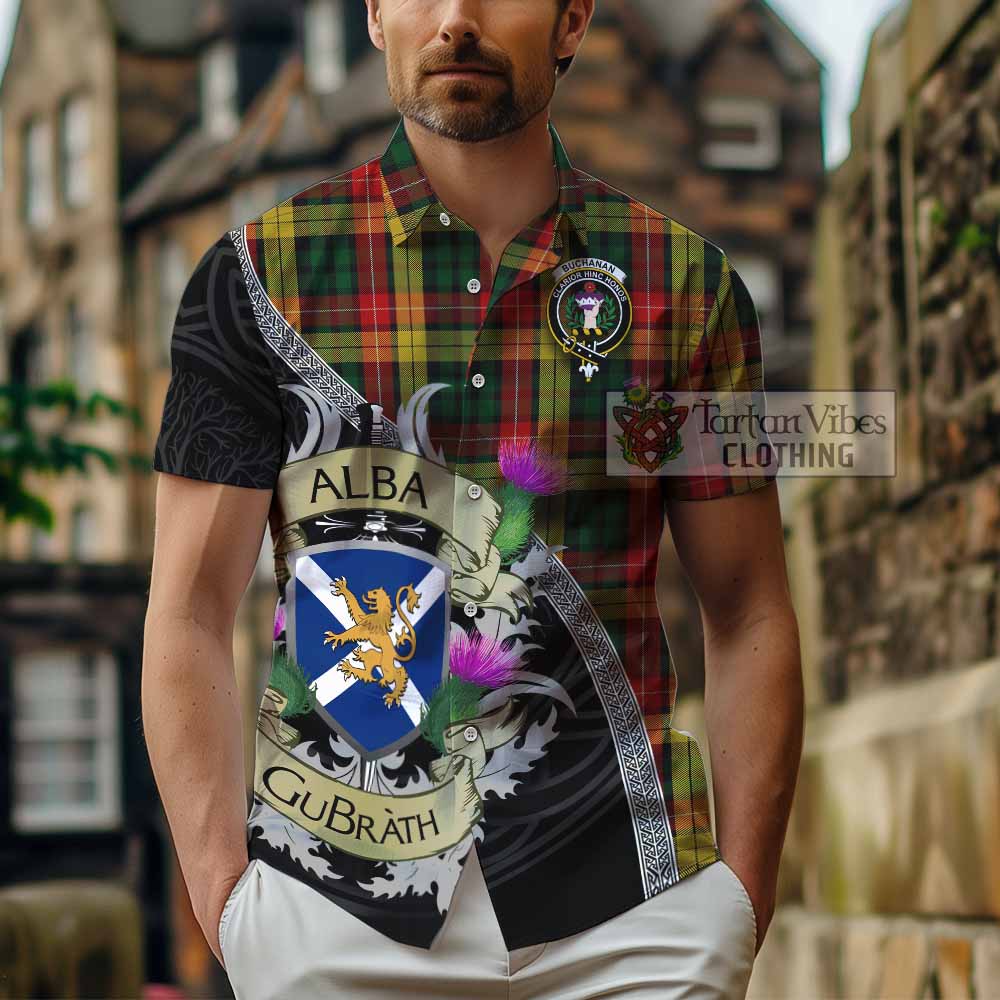 Tartan Vibes Clothing Buchanan Tartan Family Crest Short Sleeve Button Shirt Lion Rampant Royal Thistle Shield Celtic Inspired
