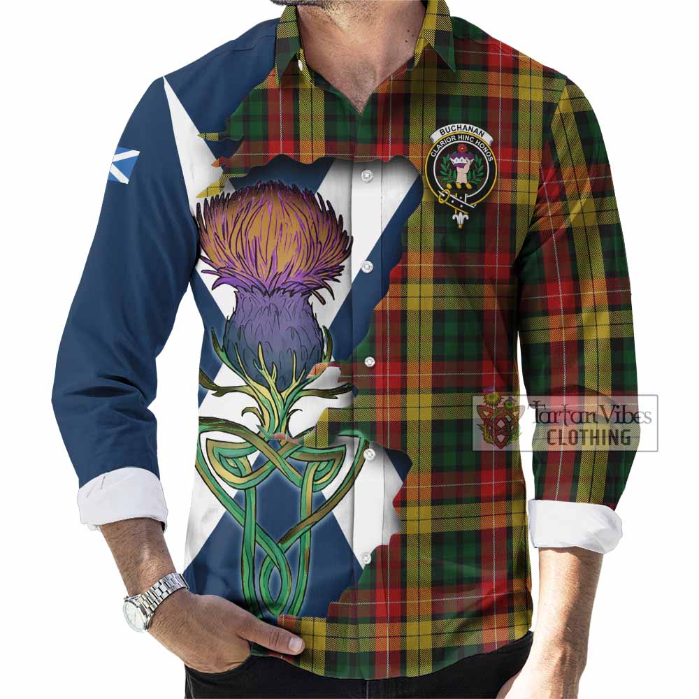 Tartan Vibes Clothing Buchanan Tartan Family Crest Long Sleeve Button Shirt Scottish Thistle Celtic Inspired