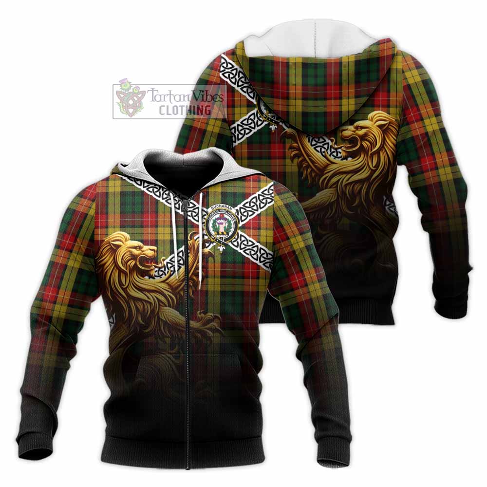 Tartan Vibes Clothing Buchanan Crest Tartan Knitted Hoodie with Golden Lion Emblem Celtic Style