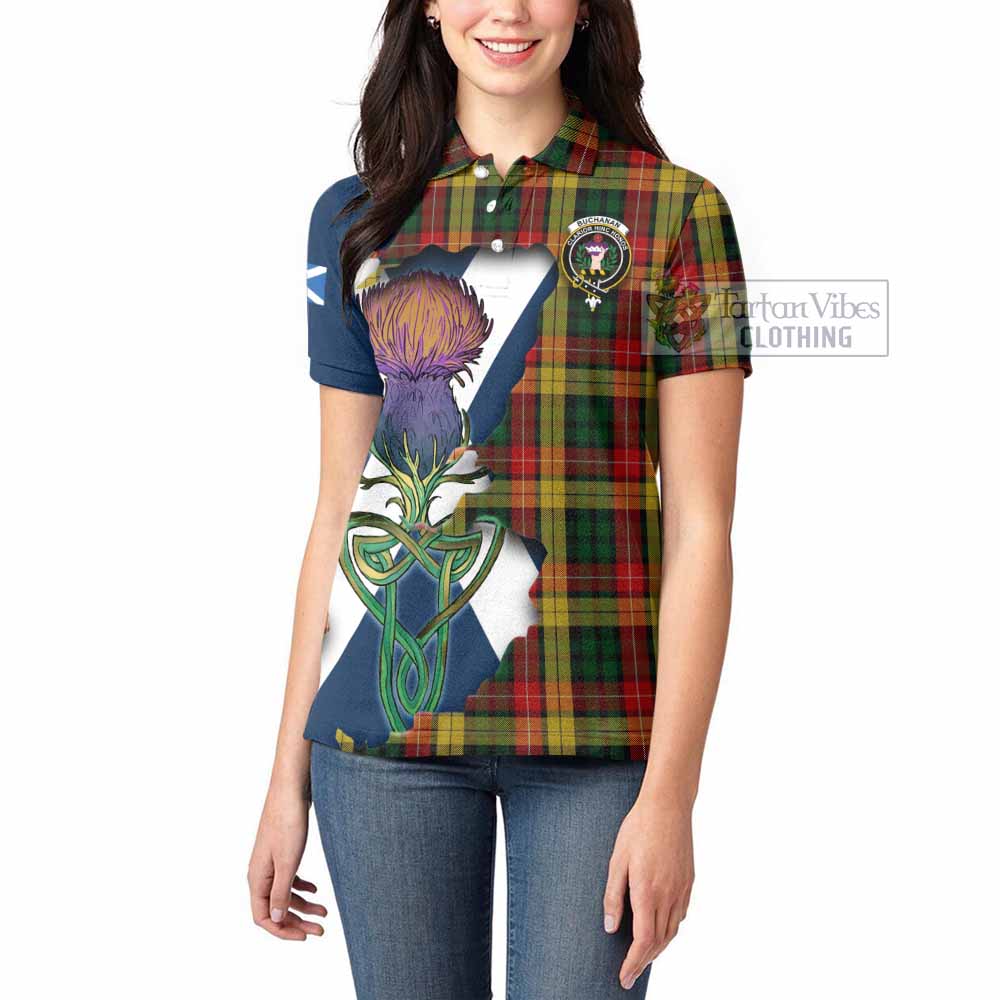 Tartan Vibes Clothing Buchanan Tartan Family Crest Women's Polo Shirt Scottish Thistle Celtic Inspired