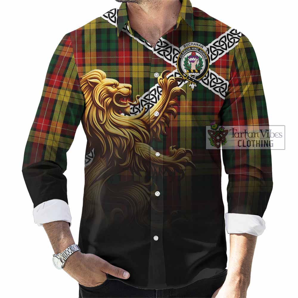 Tartan Vibes Clothing Buchanan Crest Tartan Long Sleeve Button Shirt with Golden Lion Emblem Celtic Style