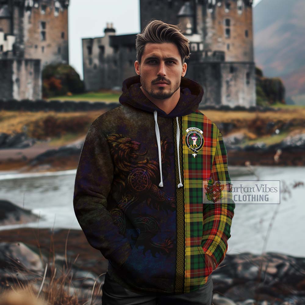 Tartan Vibes Clothing Buchanan Tartan Family Crest Cotton Hoodie Alba Gu Brath Be Brave Lion Ancient Style