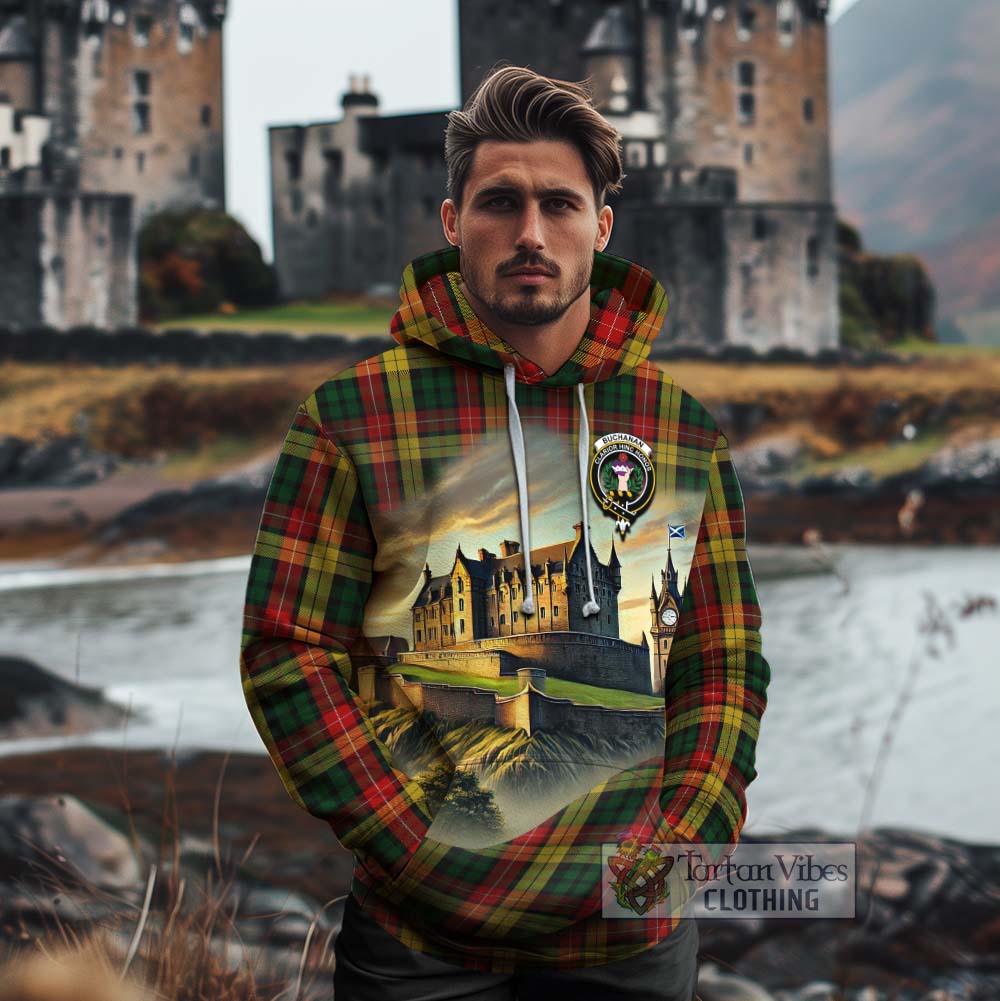 Tartan Vibes Clothing Buchanan Tartan Family Crest Cotton Hoodie with Scottish Ancient Castle Style