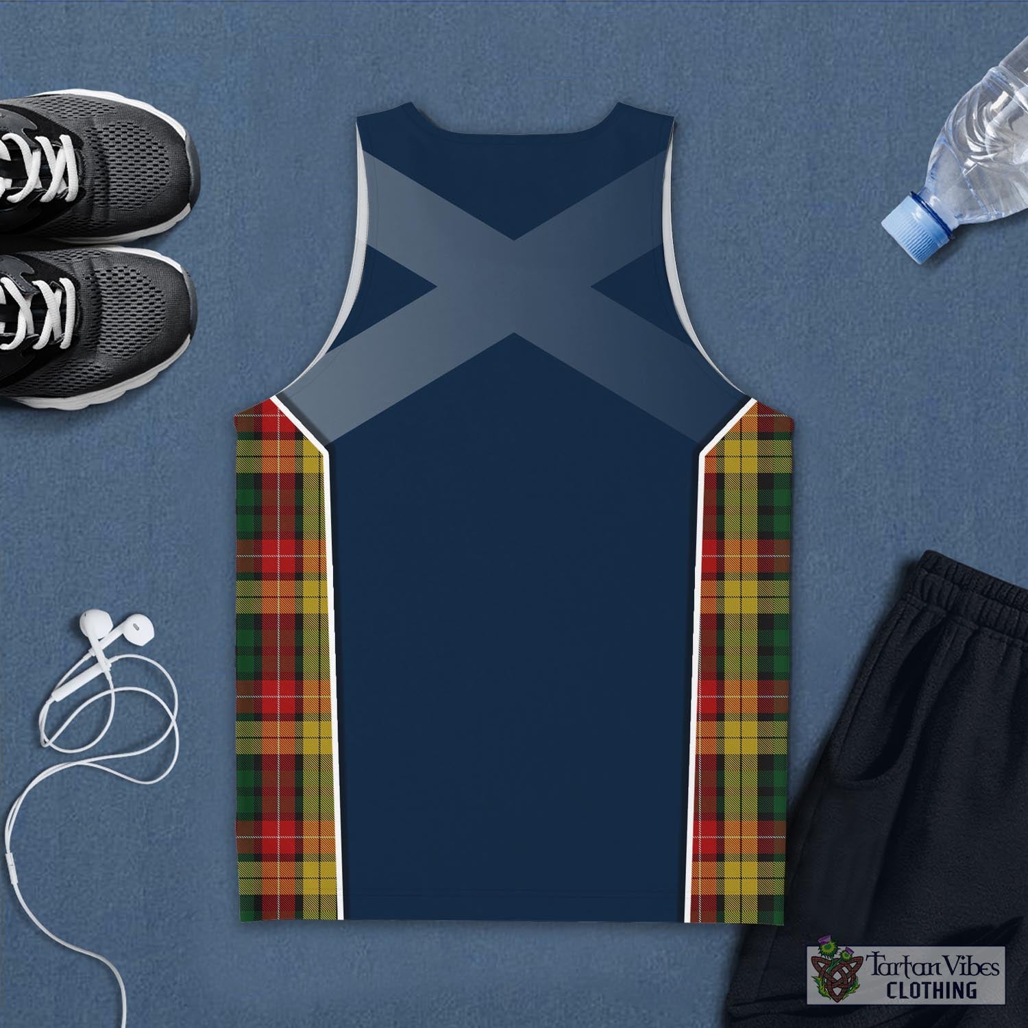 Tartan Vibes Clothing Buchanan Tartan Men's Tanks Top with Family Crest and Scottish Thistle Vibes Sport Style
