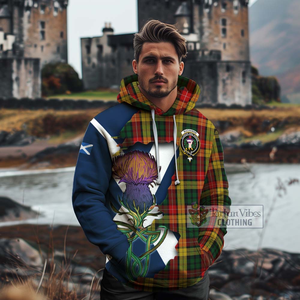 Tartan Vibes Clothing Buchanan Tartan Family Crest Cotton Hoodie Scottish Thistle Celtic Inspired