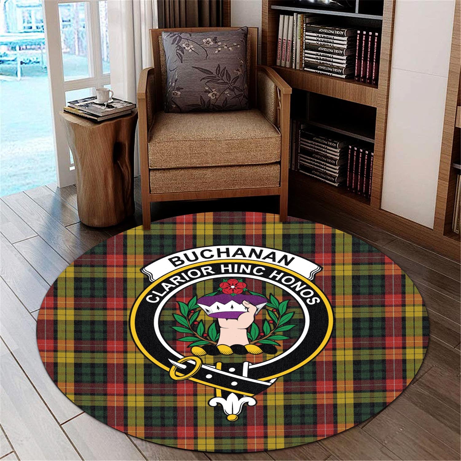Buchanan Tartan Round Rug with Family Crest - Tartanvibesclothing