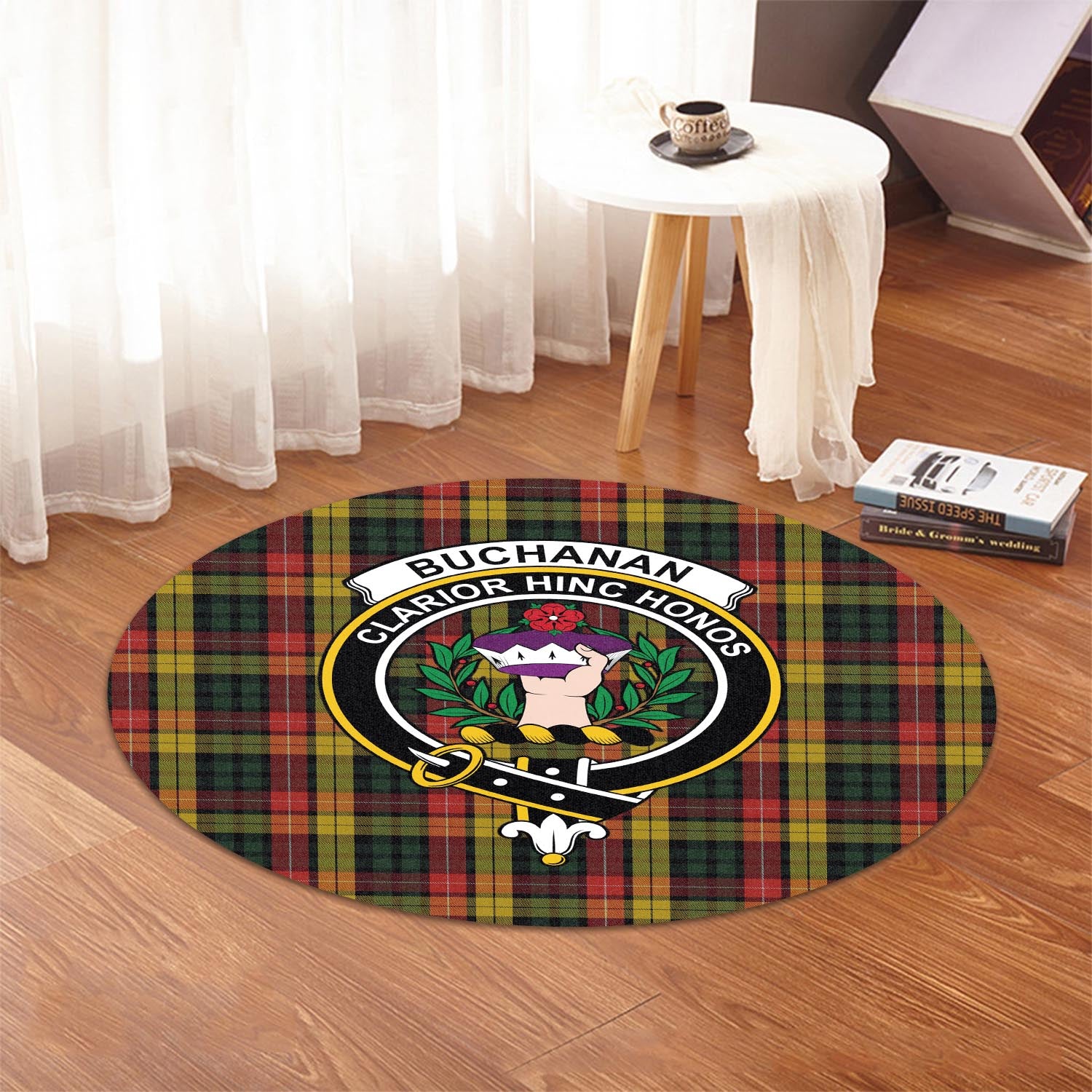 Buchanan Tartan Round Rug with Family Crest - Tartanvibesclothing