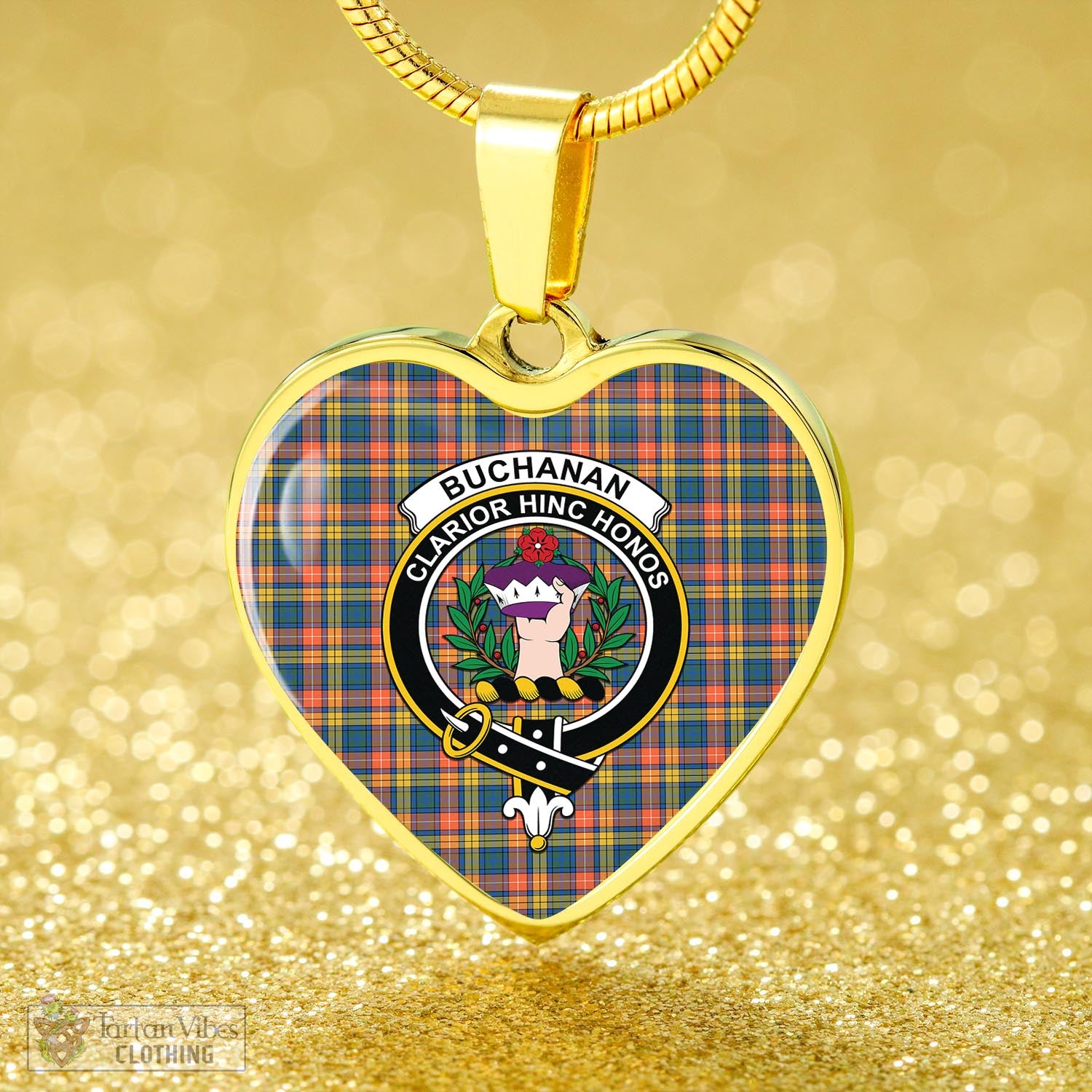 Tartan Vibes Clothing Buchanan Ancient Tartan Heart Necklace with Family Crest