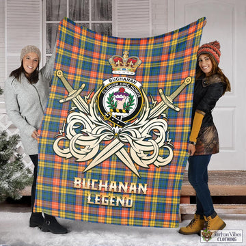 Buchanan Ancient Tartan Blanket with Clan Crest and the Golden Sword of Courageous Legacy