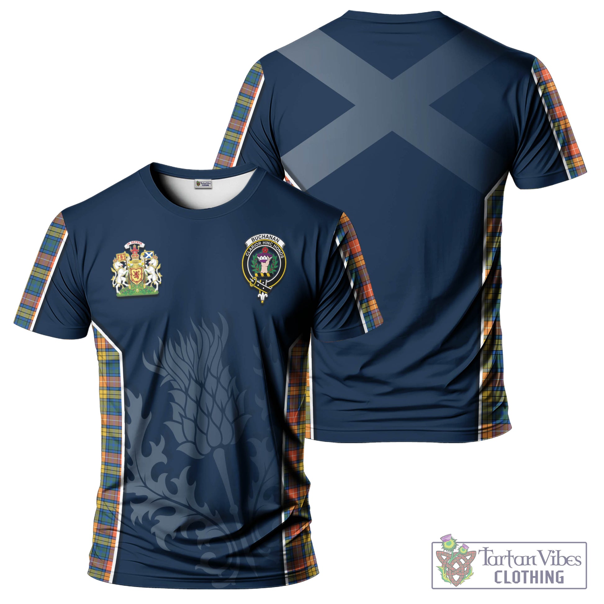 Tartan Vibes Clothing Buchanan Ancient Tartan T-Shirt with Family Crest and Scottish Thistle Vibes Sport Style