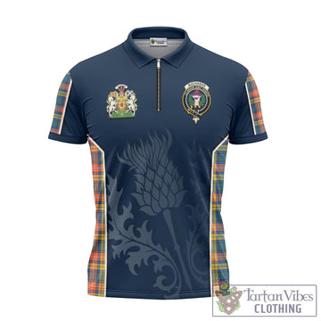 Buchanan Ancient Tartan Zipper Polo Shirt with Family Crest and Scottish Thistle Vibes Sport Style