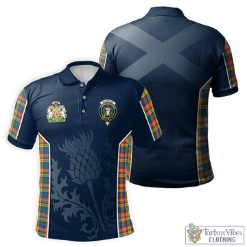Buchanan Ancient Tartan Men's Polo Shirt with Family Crest and Scottish Thistle Vibes Sport Style