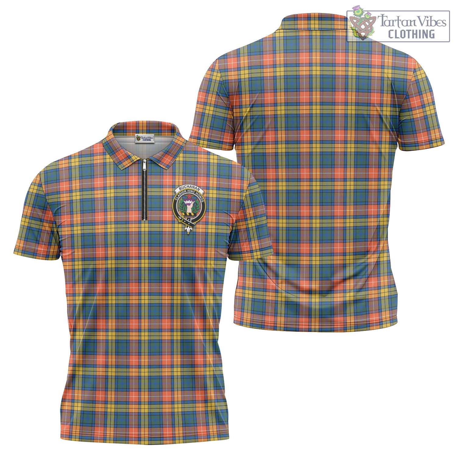 Tartan Vibes Clothing Buchanan Ancient Tartan Zipper Polo Shirt with Family Crest