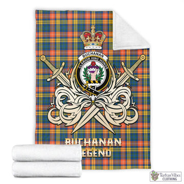 Buchanan Ancient Tartan Blanket with Clan Crest and the Golden Sword of Courageous Legacy