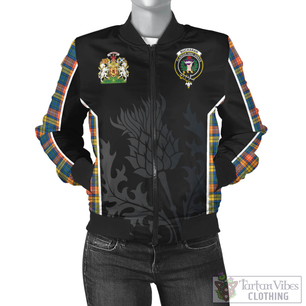 Tartan Vibes Clothing Buchanan Ancient Tartan Bomber Jacket with Family Crest and Scottish Thistle Vibes Sport Style