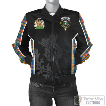 Buchanan Ancient Tartan Bomber Jacket with Family Crest and Scottish Thistle Vibes Sport Style