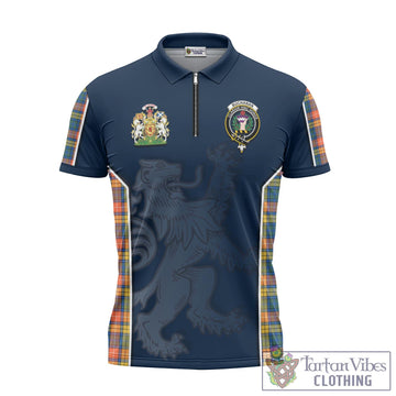 Buchanan Ancient Tartan Zipper Polo Shirt with Family Crest and Lion Rampant Vibes Sport Style
