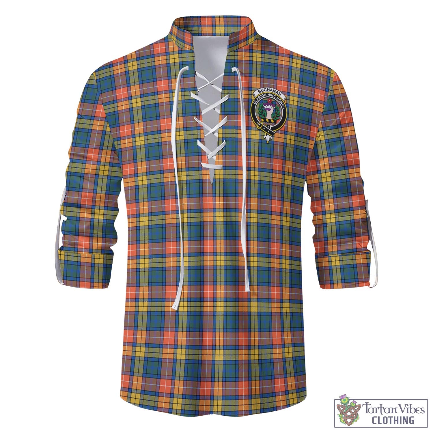 Tartan Vibes Clothing Buchanan Ancient Tartan Men's Scottish Traditional Jacobite Ghillie Kilt Shirt with Family Crest