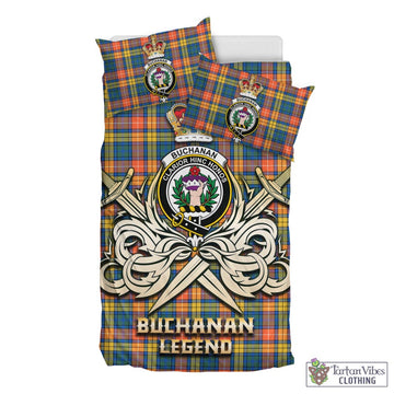 Buchanan Ancient Tartan Bedding Set with Clan Crest and the Golden Sword of Courageous Legacy