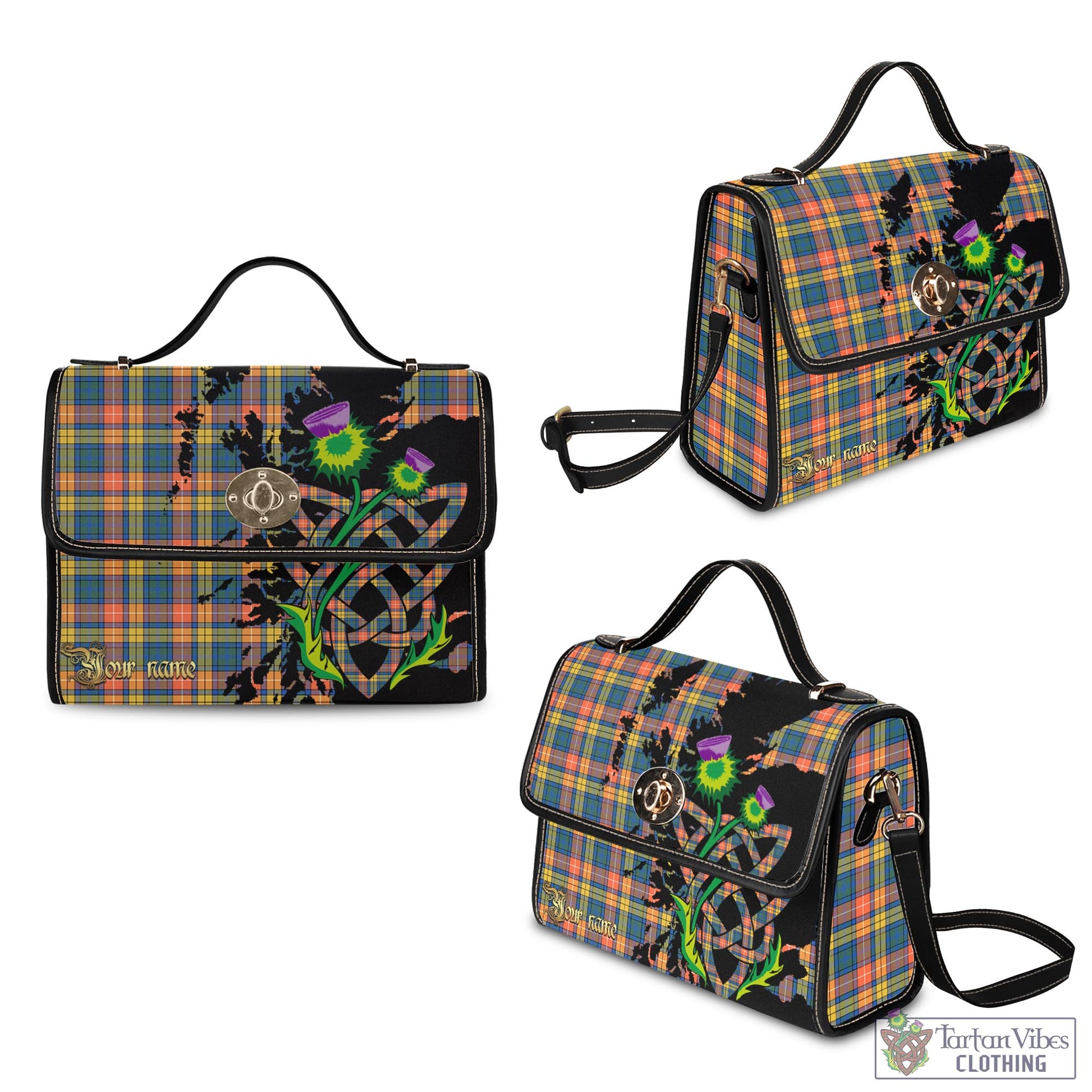 Tartan Vibes Clothing Buchanan Ancient Tartan Waterproof Canvas Bag with Scotland Map and Thistle Celtic Accents