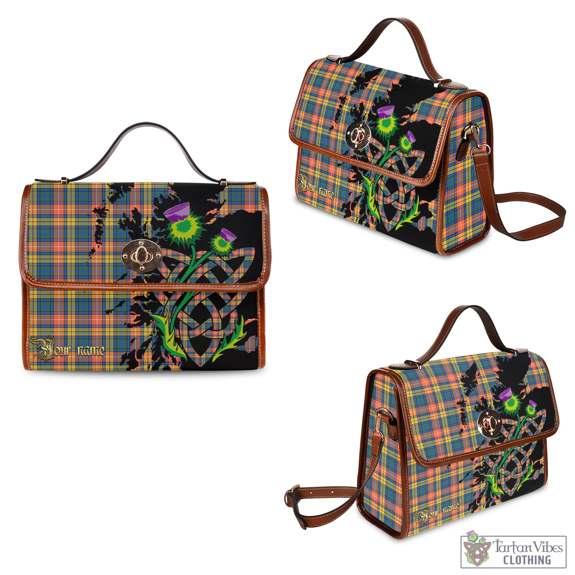 Tartan Vibes Clothing Buchanan Ancient Tartan Waterproof Canvas Bag with Scotland Map and Thistle Celtic Accents