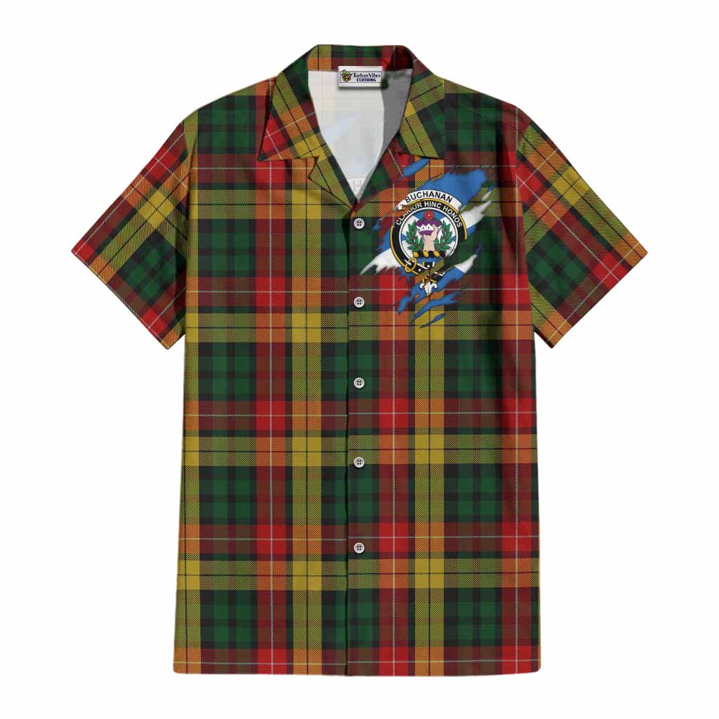 Buchanan Clan Crest In Me Tartan Cotton Hawaiian Shirt Scotland Flag Style