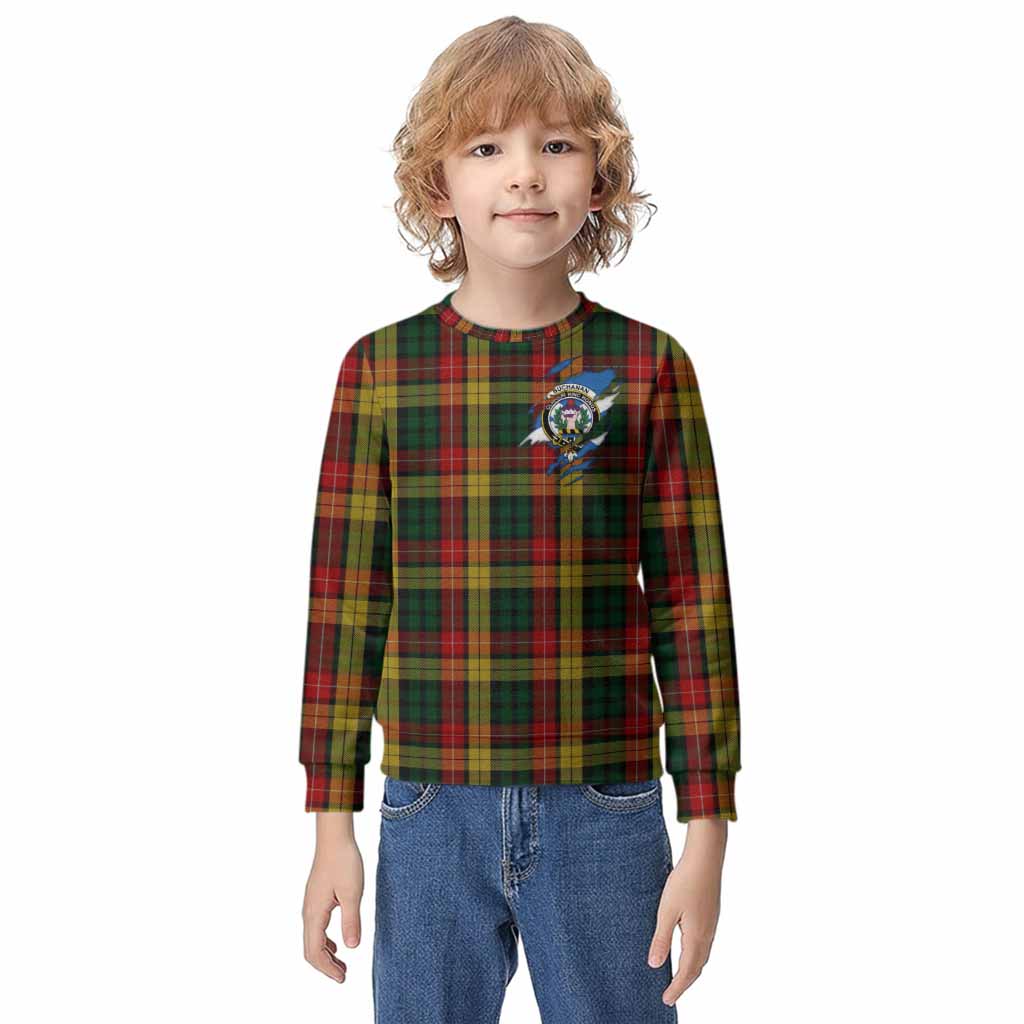 Buchanan Clan Crest In Me Tartan Kid Knitted Sweatshirt Scotland Flag Style