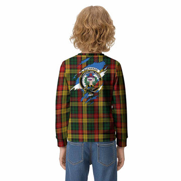 Buchanan Clan Crest In Me Tartan Kid Knitted Sweatshirt Scotland Flag Style