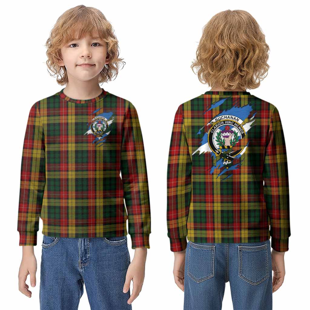 Buchanan Clan Crest In Me Tartan Kid Knitted Sweatshirt Scotland Flag Style