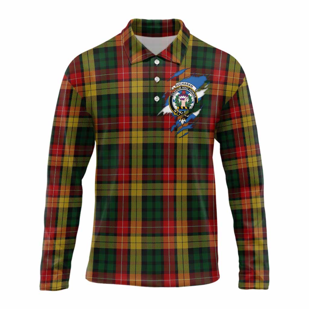 Buchanan Clan Crest In Me Tartan Long Sleeve Polo Shirt Scotland Flag Style
