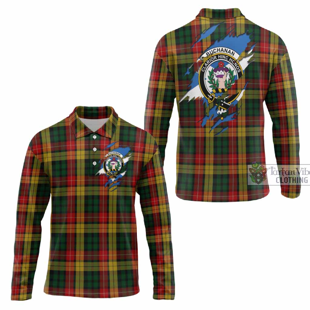 Buchanan Clan Crest In Me Tartan Long Sleeve Polo Shirt Scotland Flag Style