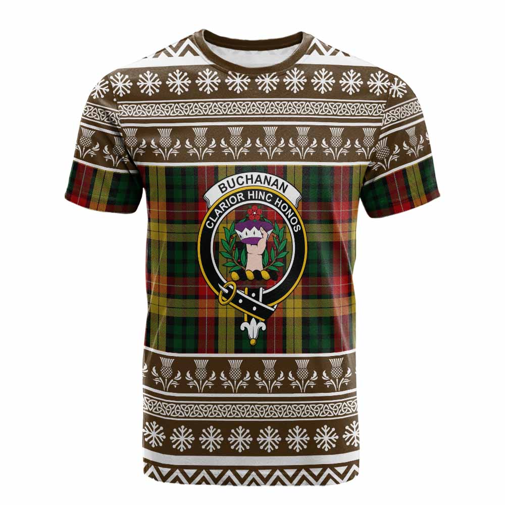 Buchanan Clan Tartan Christmas Cotton T-shirt with Family Crest - Tartan Vibes Clothing