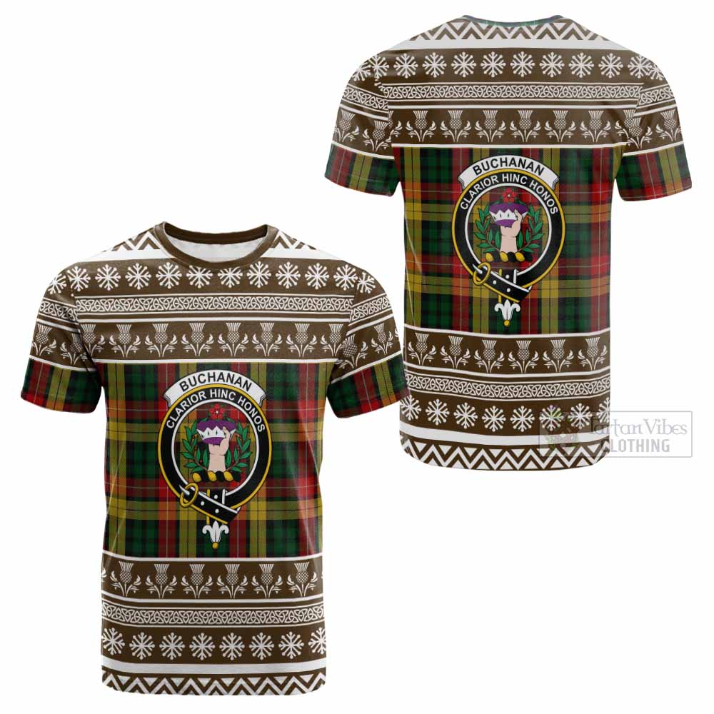 Buchanan Clan Tartan Christmas Cotton T-shirt with Family Crest - Tartan Vibes Clothing