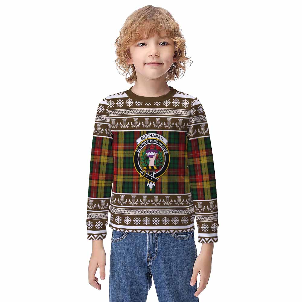 Buchanan Clan Tartan Christmas Kid Ugly Sweatshirt with Family Crest - Tartan Vibes Clothing