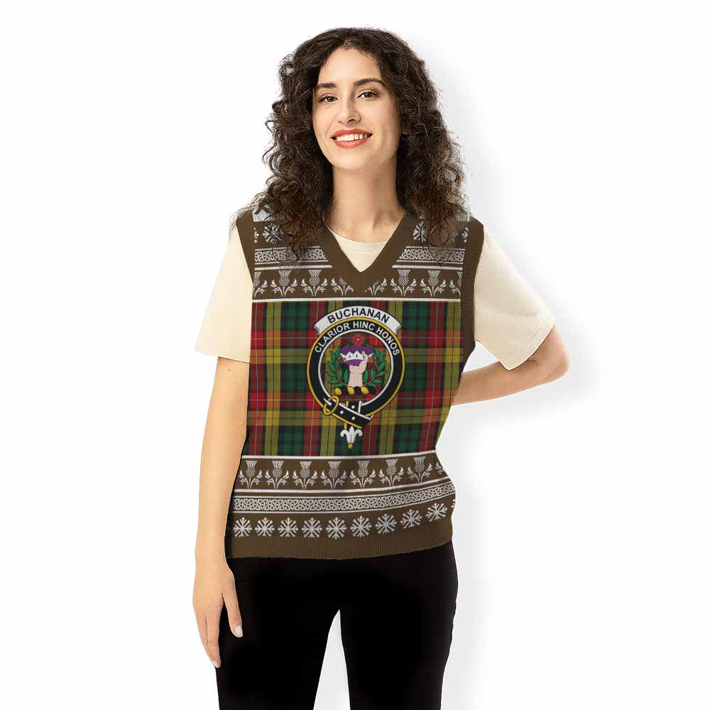 Buchanan Clan Tartan Christmas Knitted V-Neck Vest with Family Crest - Tartan Vibes Clothing