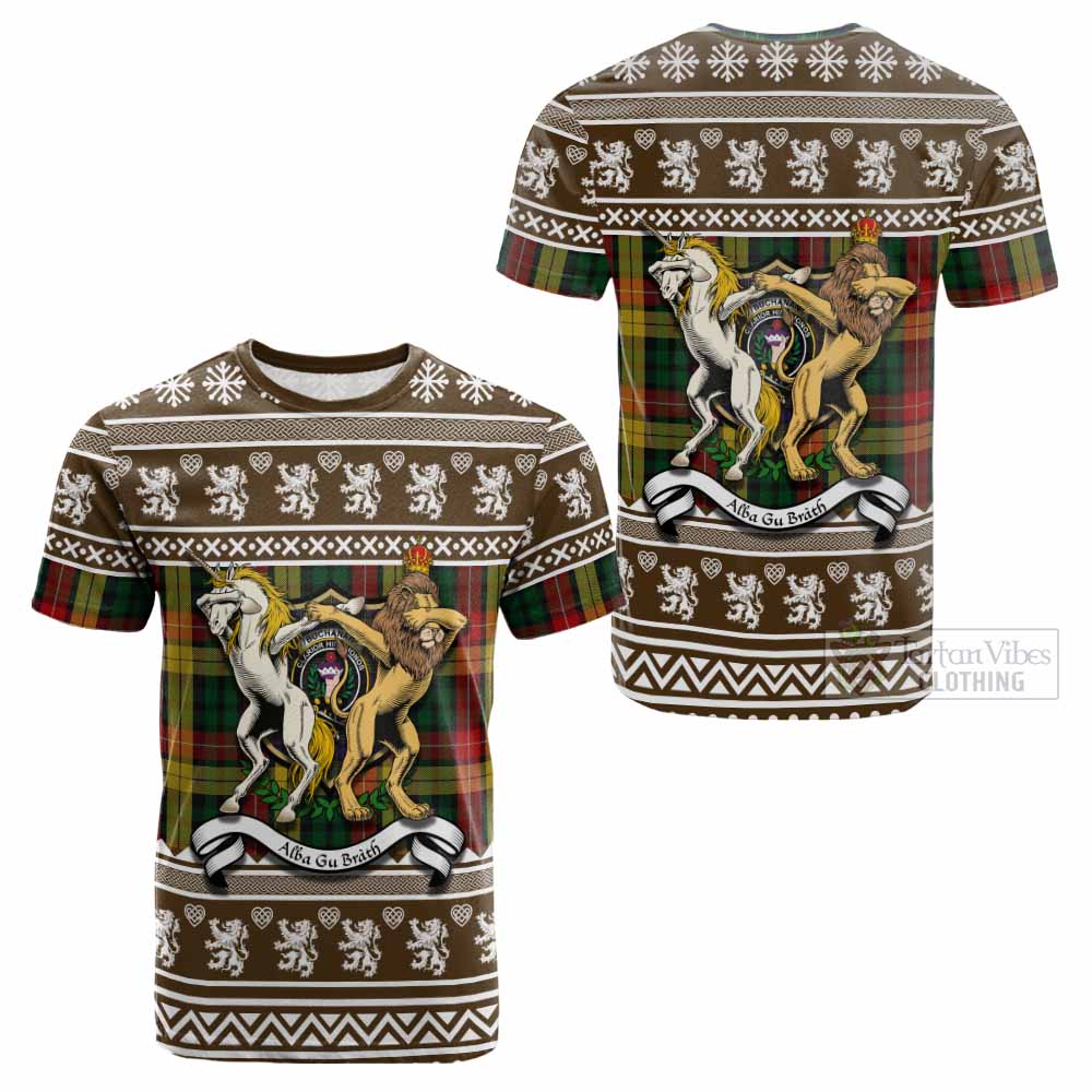 Buchanan Clan Tartan Crest Christmas Cotton T-shirt Coat of Arms Funny Style - Tartan Vibes Clothing