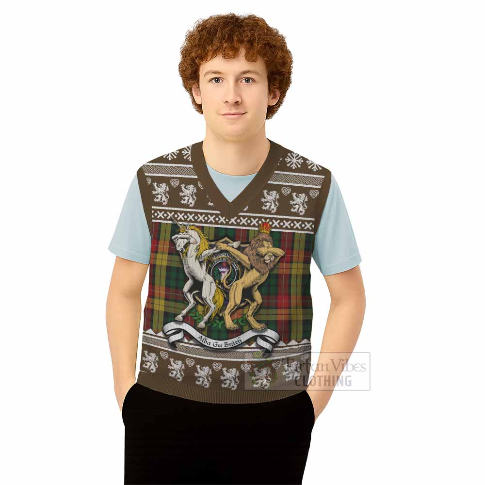 Buchanan Clan Tartan Crest Christmas Knitted V-Neck Vest Coat of Arms Funny Style - Tartan Vibes Clothing