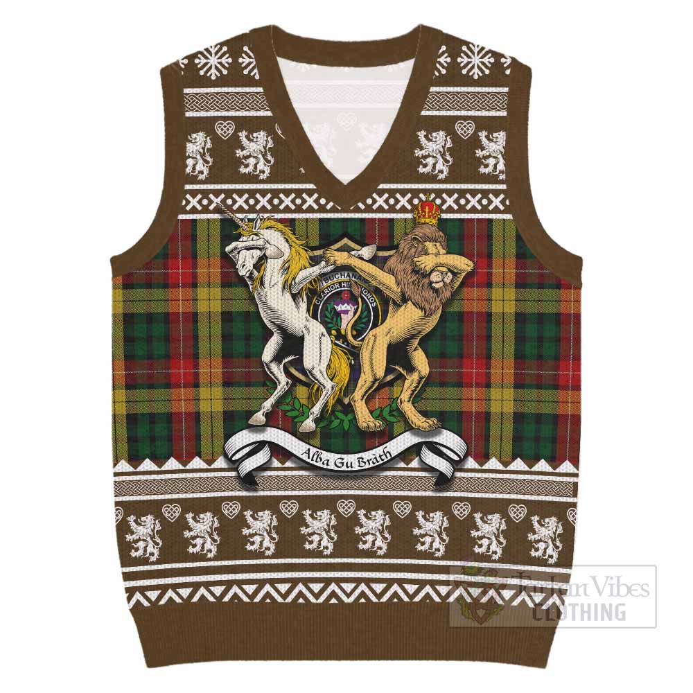 Buchanan Clan Tartan Crest Christmas Knitted V-Neck Vest Coat of Arms Funny Style - Tartan Vibes Clothing