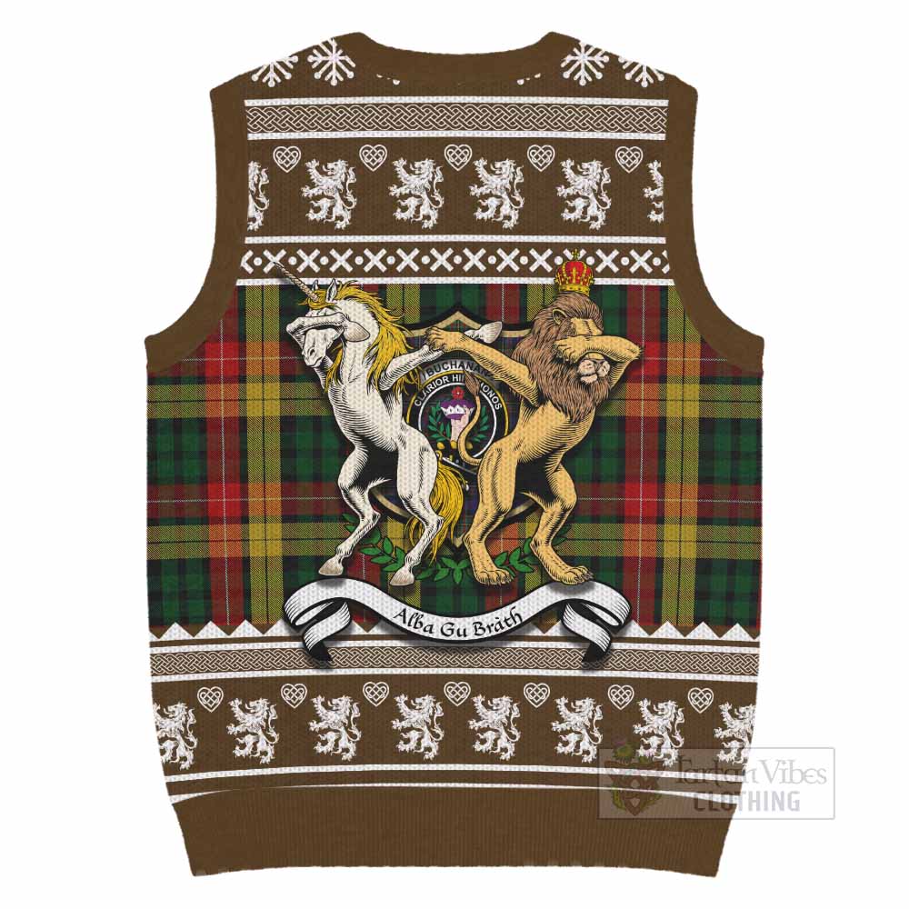 Buchanan Clan Tartan Crest Christmas Knitted V-Neck Vest Coat of Arms Funny Style - Tartan Vibes Clothing