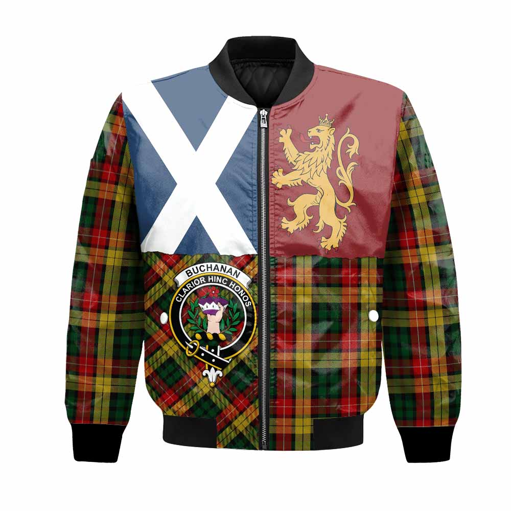 Buchanan Crest Tartan Bomber Jacket with Lion Rampant Saltire Style