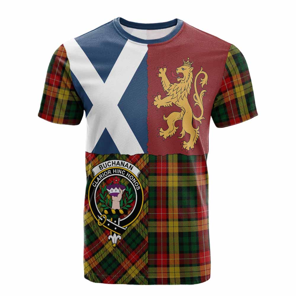 Buchanan Crest Tartan Cotton T-shirt with Lion Rampant Saltire Style - Tartan Vibes Clothing