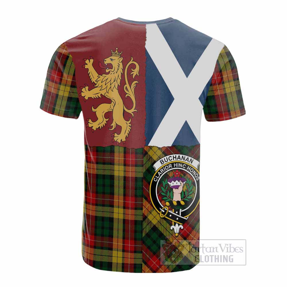 Buchanan Crest Tartan Cotton T-shirt with Lion Rampant Saltire Style - Tartan Vibes Clothing