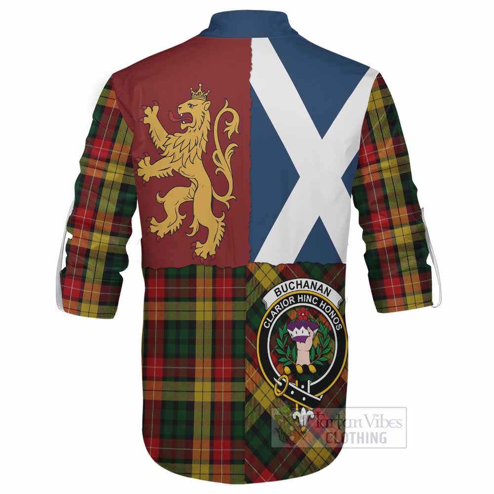 Buchanan Crest Tartan Ghillie Shirt with Lion Rampant Saltire Style - Tartan Vibes Clothing