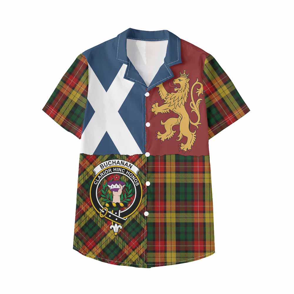 Buchanan Crest Tartan Kid Hawaiian Shirt with Lion Rampant Saltire Style - Tartan Vibes Clothing