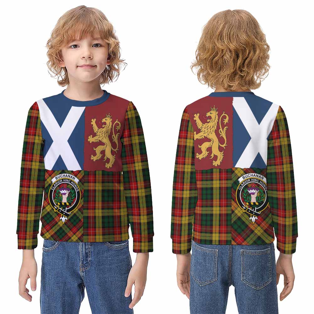 Buchanan Crest Tartan Kid Knitted Sweatshirt with Lion Rampant Saltire Style - Tartan Vibes Clothing