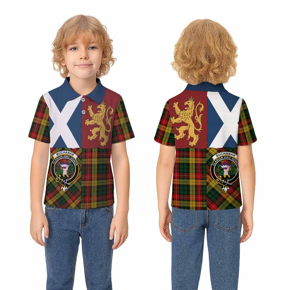 Buchanan Crest Tartan Kid Polo Shirt with Lion Rampant Saltire Style - Tartan Vibes Clothing