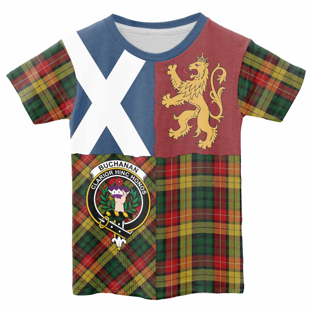 Buchanan Crest Tartan Kid T-shirt with Lion Rampant Saltire Style - Tartan Vibes Clothing